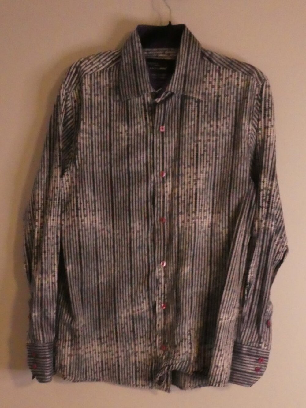 LEONARDO Men's Abstract Striped Dress Shirt Grey Purple Button Up - P2P 19.5"